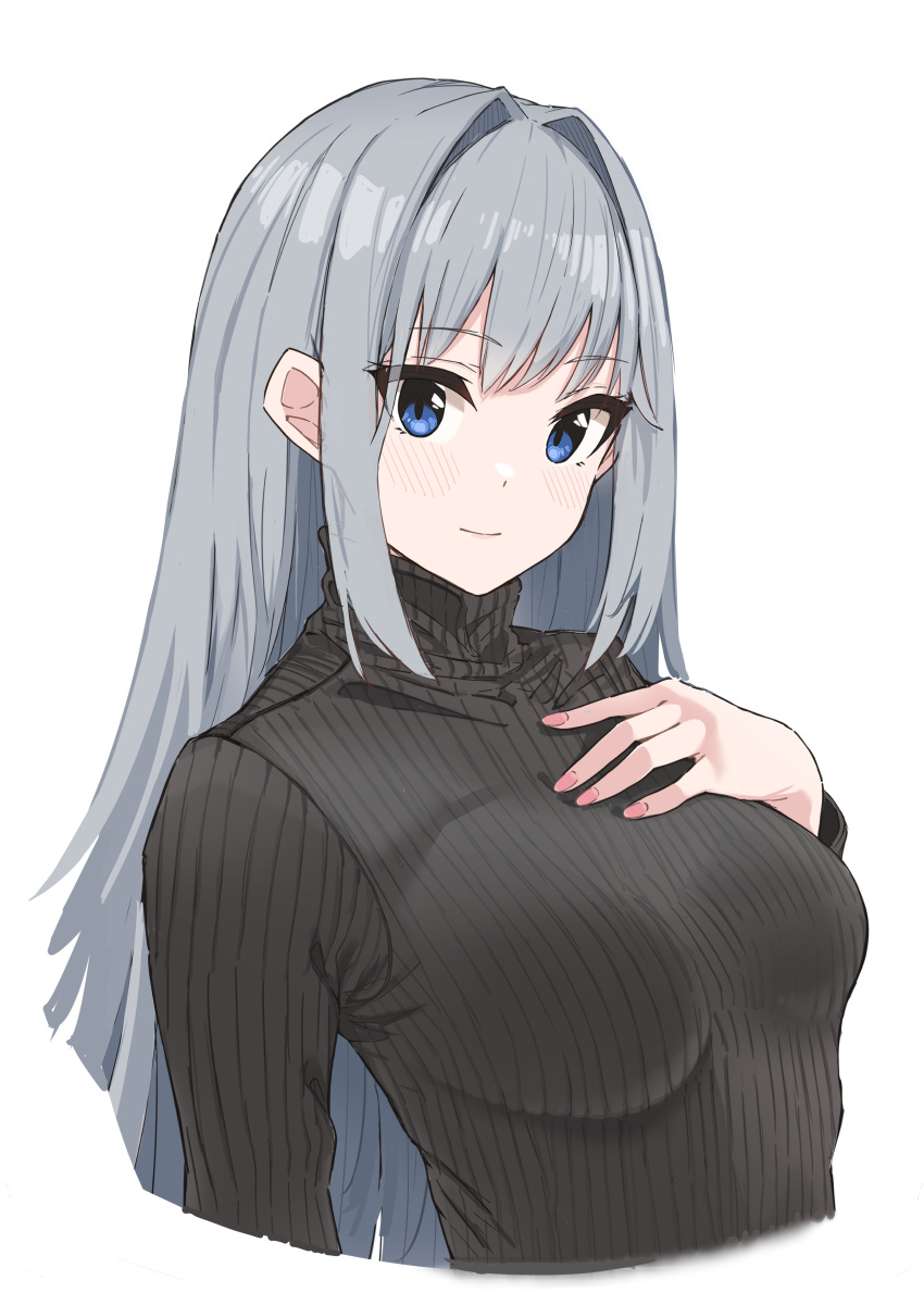 1girl absurdres aotsuba black_sweater blue_eyes breasts closed_eyes ethel_(xenoblade) grey_hair hair_intakes hand_on_own_chest highres long_hair long_sleeves medium_breasts pink_nails ribbed_sweater sidelocks simple_background smile solo sweater turtleneck turtleneck_sweater upper_body white_background xenoblade_chronicles_(series) xenoblade_chronicles_3