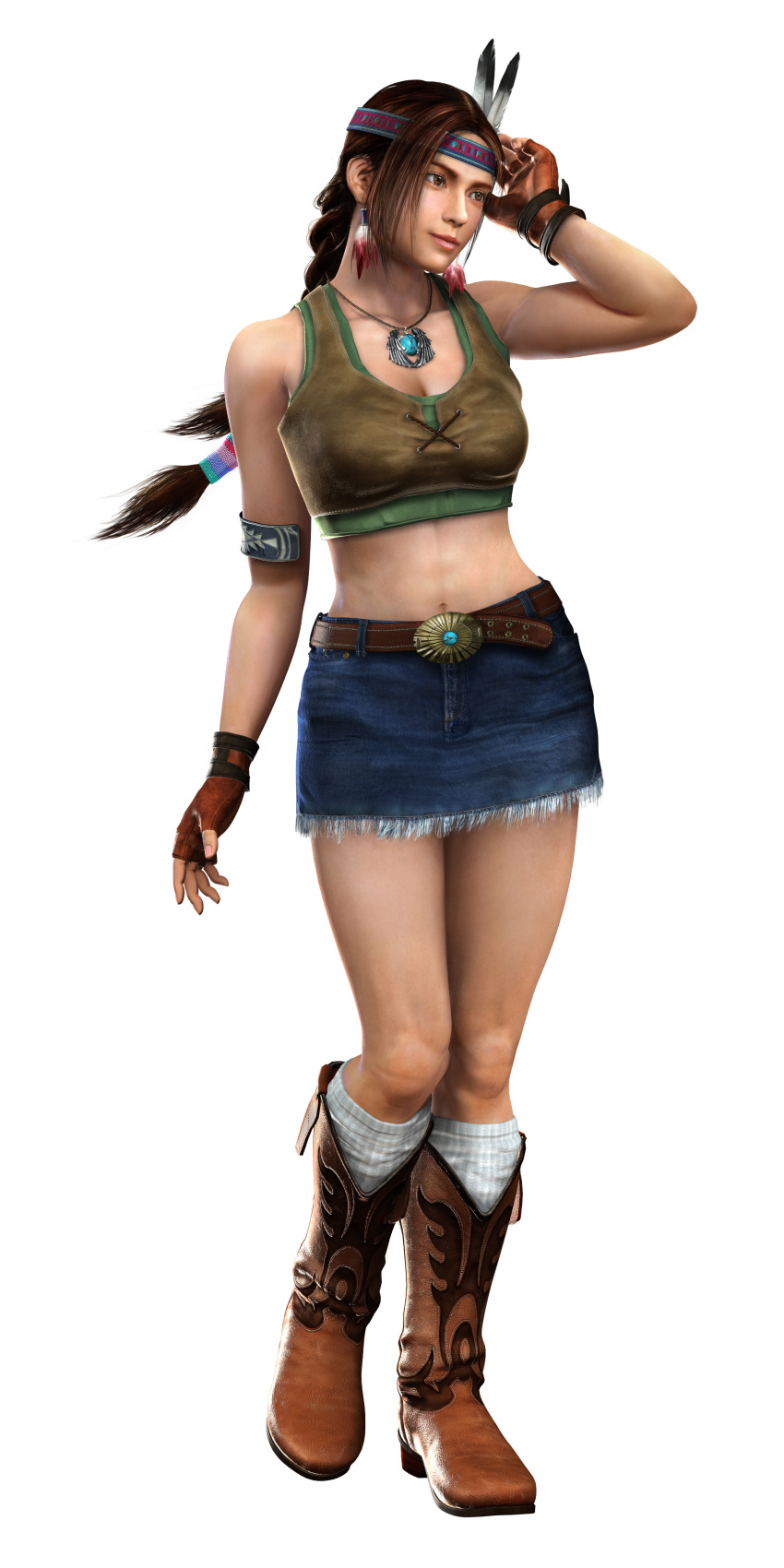 1girl 3d absurdres armband belt blue_skirt boots braids brown_eyes brown_footwear brown_hair cg closed_mouth crop_top denim denim_skirt earrings feathers fingerless_gloves full_body gloves headband highres jewelry julia_chang kneehighs leather lips long_hair looking_to_the_side midriff miniskirt namco native_american native_american_headdress navel necklace official_art simple_background sleeveless solo standing tekken white_background