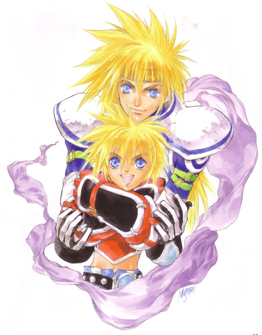 blonde_hair blue_eyes cape father_and_son hug inomata_mutsumi kyle_dunamis official_art spiky_hair stahn_aileron tales_of_(series) tales_of_destiny tales_of_destiny_2