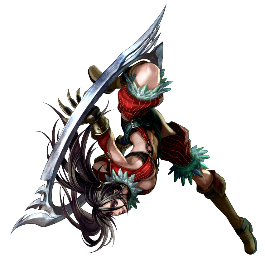1girl absurdres black_hair blade boots cleavage female full_body gloves highres jewelry kawano_takuji long_hair mole namco navel official_art purple_eyes ring simple_background solo soul_calibur soulcalibur soulcalibur_iv tira twintails violet_eyes weapon white_background
