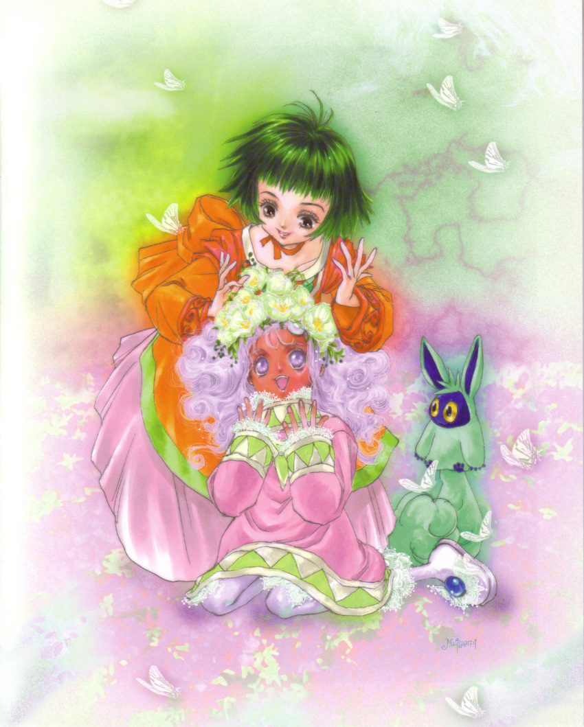 brown_eyes dark_skin dress farah_oersted flower green_hair inomata_mutsumi meredy official_art open_mouth purple_eyes purple_hair quickie smile tales_of_(series) tales_of_eternia twintails