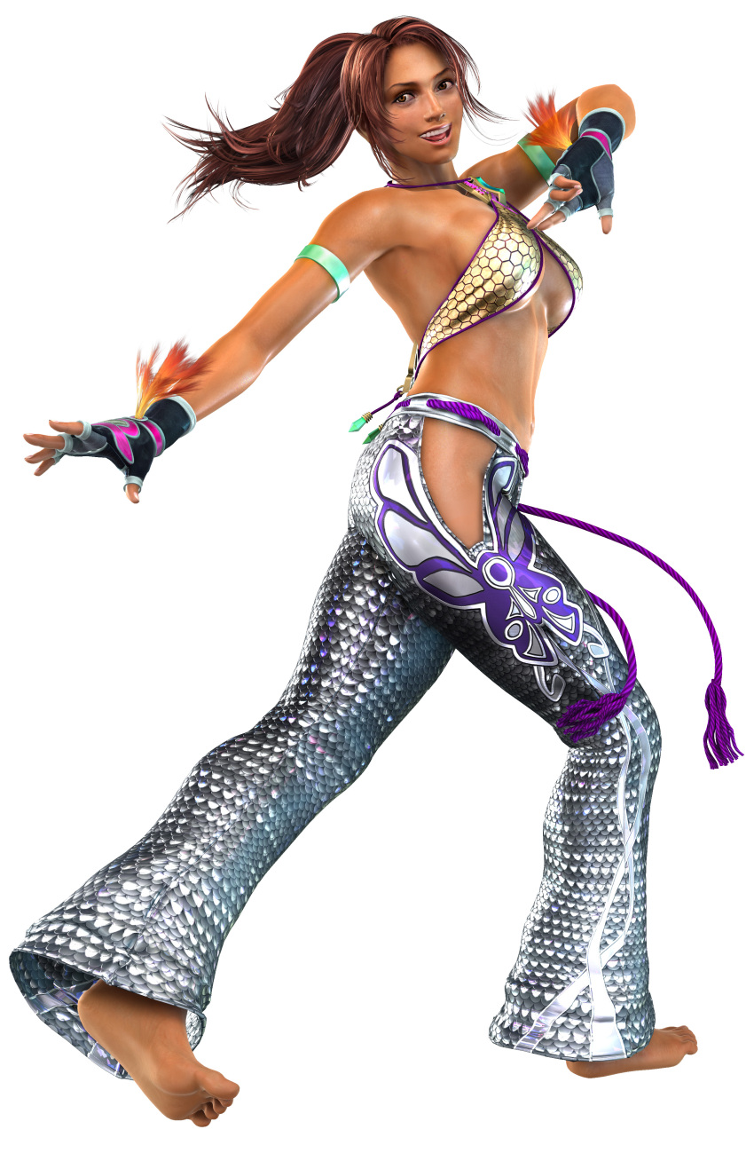 1girl 3d absurdres armband barefoot breasts brown_eyes brown_hair cg christie_monteiro feet female fingerless_gloves full_body gloves highres midriff official_art open_mouth pants ponytail simple_background solo tekken white_background