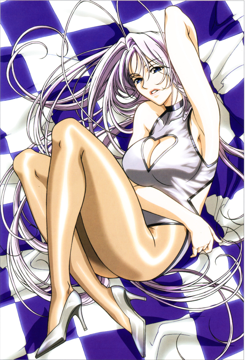 absurdres antenna_hair arm_up armpits blue_eyes breasts checkered cleavage cleavage_cutout flag hand_behind_head heart heart_cleavage_cutout high_heels highres large_breasts lipstick long_hair long_legs lying natsume_maya on_side one-piece_swimsuit pantyhose purple_hair race_queen shoes swimsuit tenjou_tenge