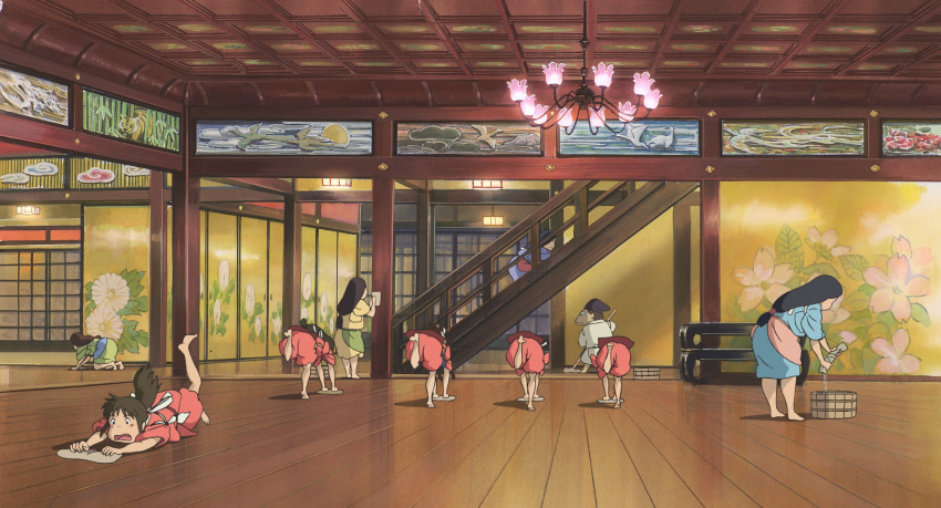 bucket ghibli hardwood_floor ogino_chihiro ponytail sen_to_chihiro_no_kamikakushi spirited_away