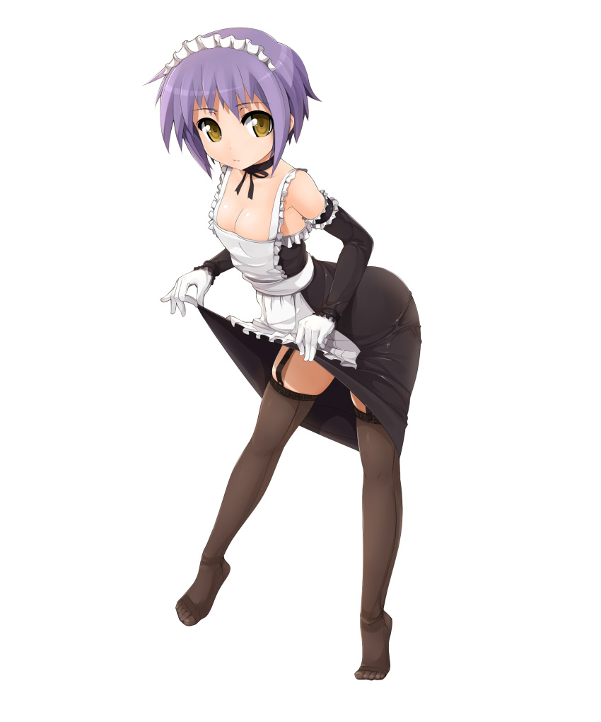 arched_back ass breasts choker cleavage dress dress_lift elbow_gloves feet garter_straps gloves hands highres maid nagato_yuki potion potion_(moudamepo) purple_hair short_hair simple_background skirt skirt_lift stockings suzumiya_haruhi_no_yuuutsu thigh-highs thighhighs tiptoes yellow_eyes