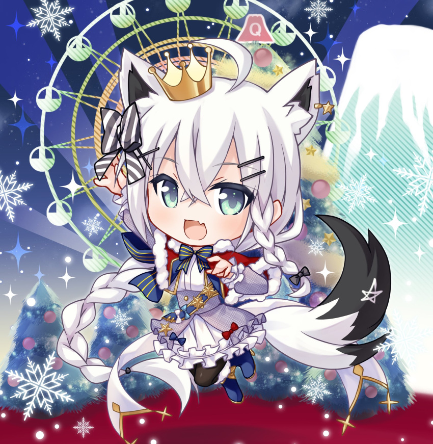 1girl ahoge animal_ear_fluff animal_ears arm_up bangs black_pantyhose blush bow braid braided_ponytail capelet chibi christmas_tree commentary_request crown dress earrings extra_ears fang fox_ears fox_girl fox_tail fur-trimmed_capelet fur_trim green_eyes hair_between_eyes hair_bow hanatsumi highres hololive jewelry long_hair looking_at_viewer mini_crown open_mouth pantyhose pentagram red_capelet shirakami_fubuki sidelocks single_braid skin_fang snowflakes solo tail virtual_youtuber white_dress white_hair