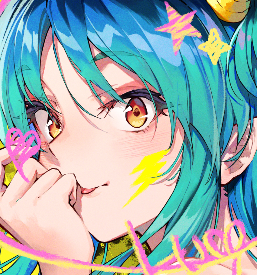 1girl bangs black_cola blue_hair blush brown_eyes close-up closed_mouth commentary_request green_hair hand_up heart highres horns long_hair looking_at_viewer lum portrait solo star_(symbol) thick_eyebrows tongue tongue_out urusei_yatsura