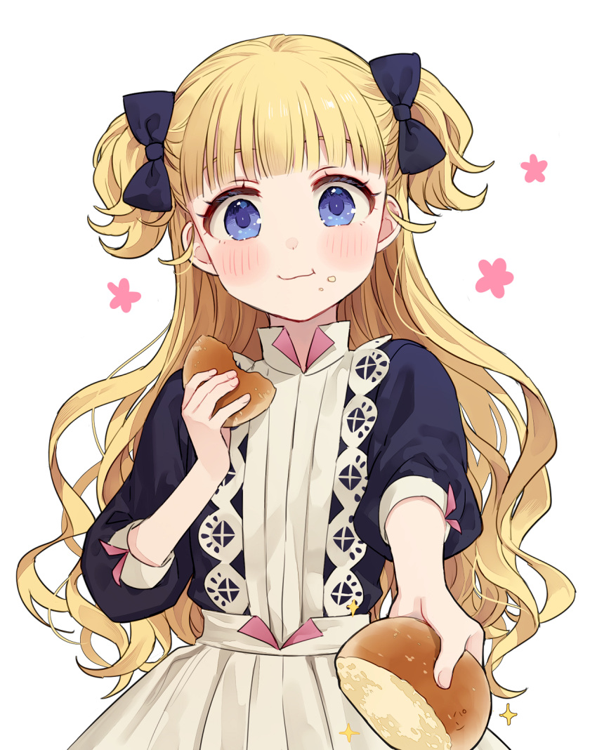 1girl apron bangs black_bow black_dress blonde_hair blue_eyes blunt_bangs blush bow bread bread_bun cowboy_shot dress eating emilico_(shadows_house) flower_(symbol) food food_on_face hair_bow highres holding holding_food incoming_food kaminokefusa long_hair looking_at_viewer maid_apron shadows_house simple_background smile solo twintails two_side_up wavy_hair white_apron white_background
