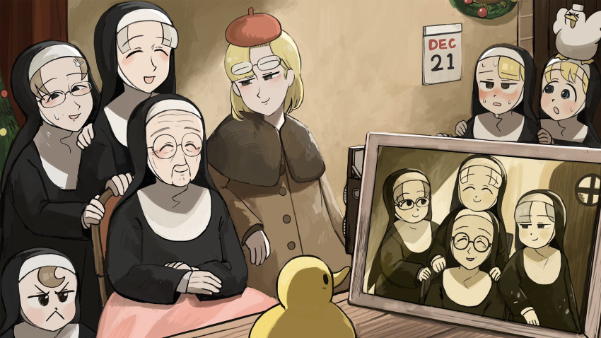 6+girls :&lt; beret bird blonde_hair blue_eyes brown_coat brown_eyes brown_hair brunette_bangs_nun_(diva) camera catholic chicken christmas_tree clumsy_nun_(diva) coat diva_(hyxpk) duck duckling english_commentary eyewear_on_head froggy_nun_(diva) glasses grey_hair habit hat highres little_nuns_(diva) mother_superior_(diva) multiple_girls nun old old_woman parted_grey_nun_(diva) photo_(object) red_headwear round_eyewear spicy_nun's_mother_(diva) spicy_nun_(diva) winter_clothes wrinkled_skin yellow_eyes