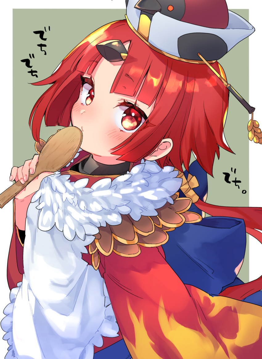 1girl apron bangs benienma_(fate) bird_hat blush commentary_request fate/grand_order fate_(series) hat highres holding holding_spoon japanese_clothes long_hair long_sleeves looking_at_viewer low_ponytail manami_(fearfac666) parted_bangs red_eyes redhead shamoji solo spoon two-tone_background white_apron wide_sleeves