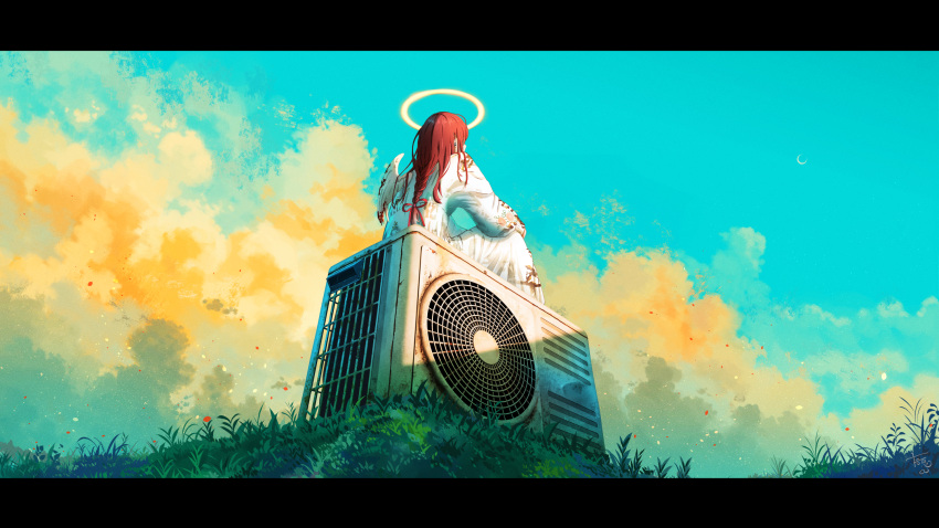 1girl air_conditioner angel angel_wings braid braided_ponytail clouds commentary_request dress feathered_wings feathers grass halo highres long_hair original redhead scenery shuu_illust single_wing sitting solo white_dress white_wings wings