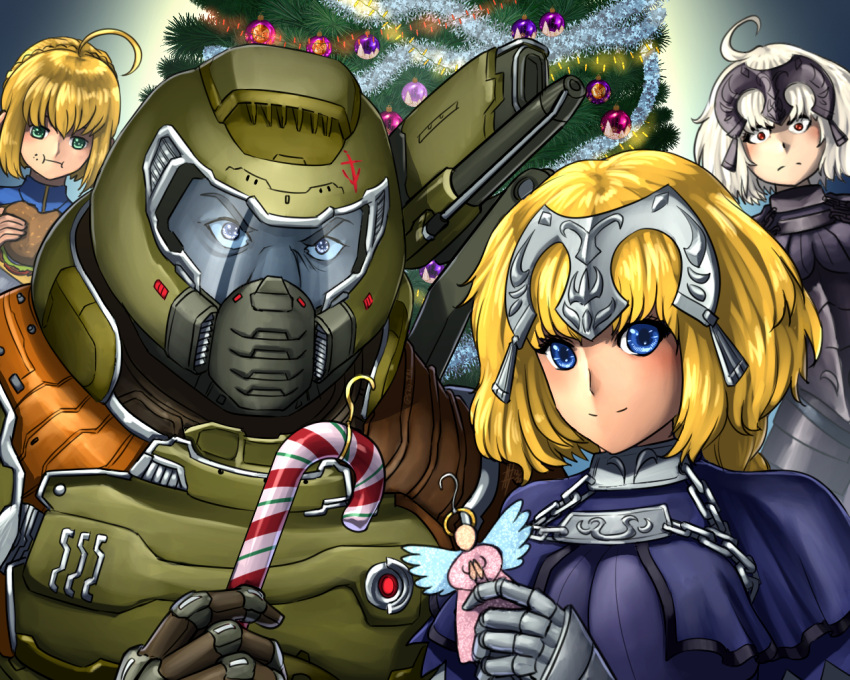 1boy 3girls ahoge artoria_pendragon_(fate) bauble blonde_hair blue_eyes burger candy candy_cane christmas_tree crossover doom_(series) doomguy eating fate_(series) food green_armor green_eyes helmet jeanne_d'arc_(fate) jeanne_d'arc_alter_(fate) multiple_girls red_eyes saber science_fiction smile substance20 white_hair