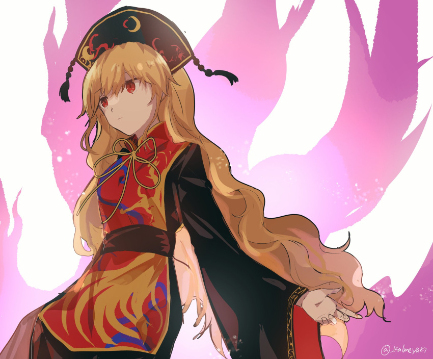 1girl artist_name bangs belt black_dress black_headwear bow bowtie breasts brown_belt brown_bow brown_bowtie brown_hair chinese_clothes closed_mouth commentary_request crescent dress energy hair_between_eyes hat highres junko_(touhou) kalmeyaki light_brown_hair long_hair long_sleeves looking_to_the_side mandarin_collar medium_breasts one-hour_drawing_challenge phoenix_crown pom_pom_(clothes) red_eyes red_tabard simple_background solo standing tabard touhou white_background wide_sleeves