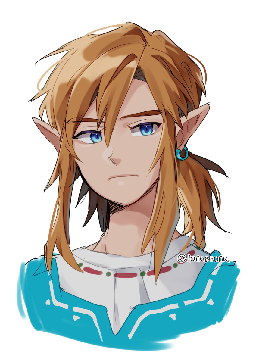 1boy blonde_hair blue_eyes blue_tunic earrings hair_between_eyes hanabelink highres jewelry link looking_at_viewer male_focus medium_hair pointy_ears portrait shirt sidelocks solo the_legend_of_zelda the_legend_of_zelda:_breath_of_the_wild twitter_username white_background white_shirt