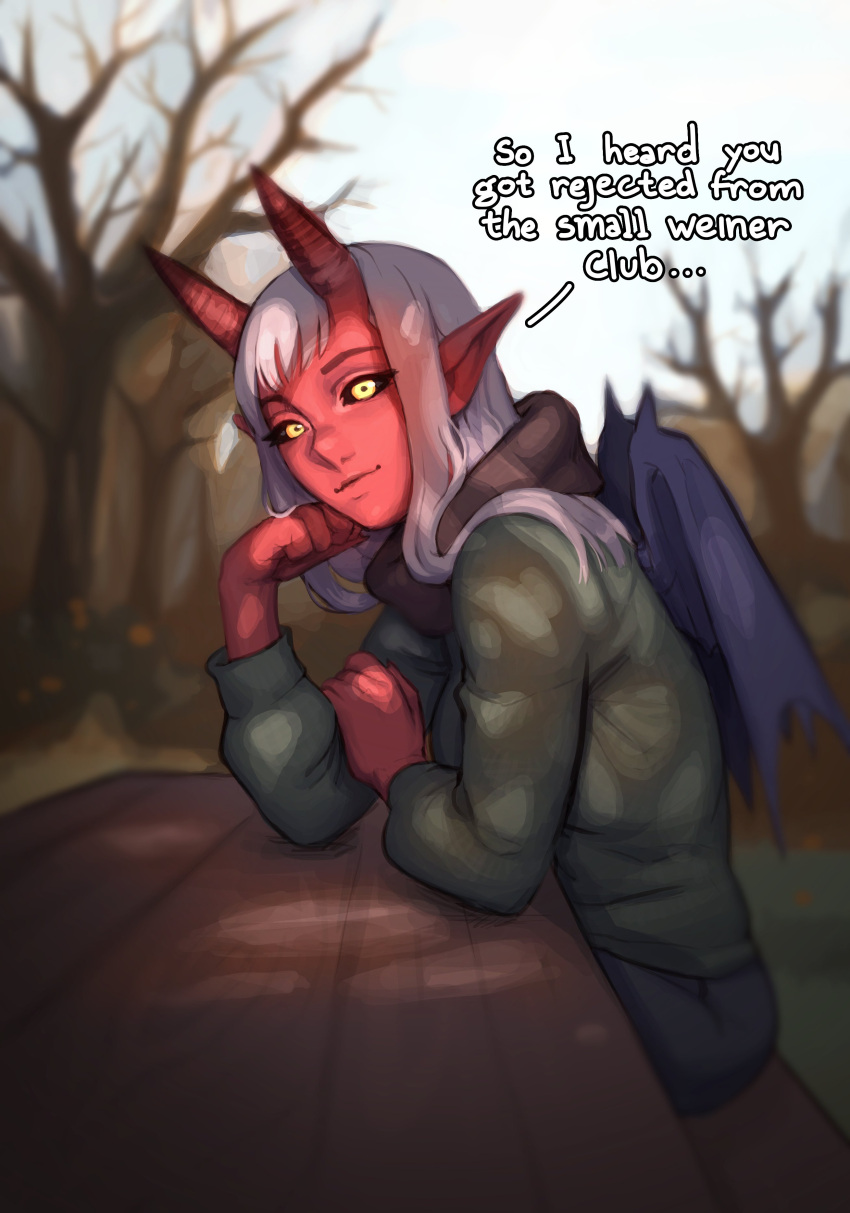1girl absurdres bangs bench black_pants black_sclera colored_sclera colored_skin day demon_girl demon_wings english_commentary english_text from_side green_sweater grey_hair highres horns long_hair long_sleeves looking_at_viewer original outdoors pants pointy_ears red_horns red_skin skin-covered_horns smile sweater table telepurte tree wings yellow_eyes