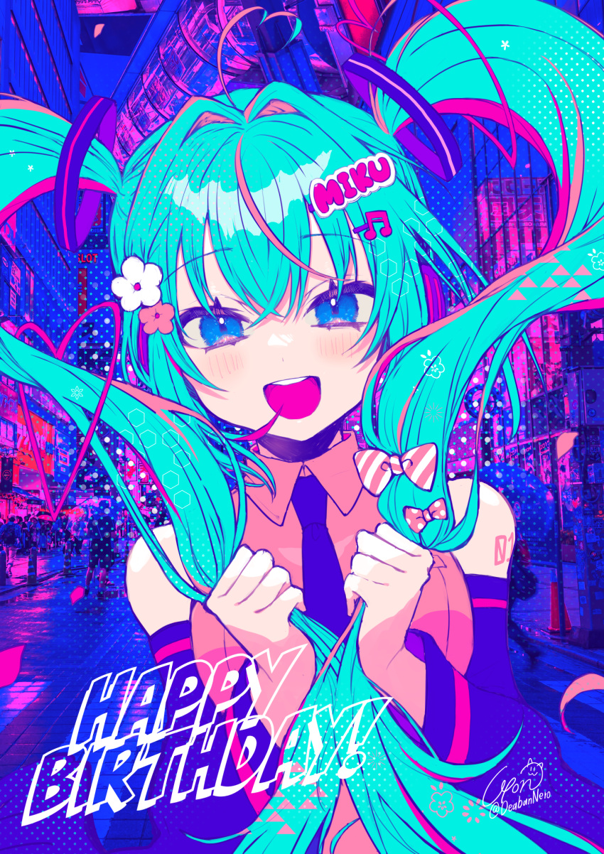 1girl :d ahoge arm_tattoo bangs black_necktie black_sleeves blue_eyes blue_hair bow character_name collared_shirt detached_sleeves floating_hair flower hair_between_eyes hair_bow hair_flower hair_intakes hair_ornament happy_birthday hatsune_miku heart heart_ahoge highres holding holding_hair long_hair long_sleeves looking_at_viewer musical_note musical_note_hair_ornament necktie number_tattoo open_mouth pink_flower pink_shirt polka_dot polka_dot_bow shiny shiny_hair shirt sleeveless sleeveless_shirt smile solo striped striped_bow tattoo twintails twitter_username upper_body very_long_hair vocaloid white_flower wing_collar yamigirikuroko