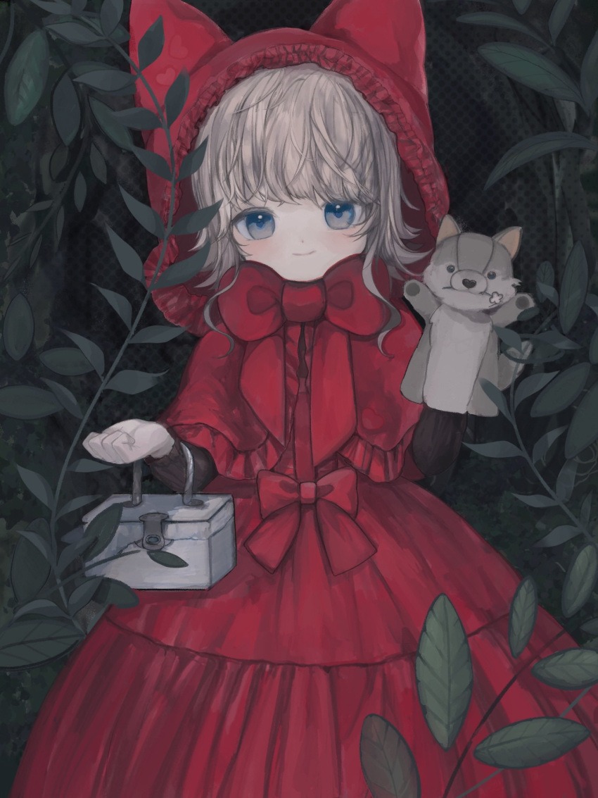 1girl animal_hood animal_puppet blue_eyes blush bow bowtie box cape capelet commentary_request cowboy_shot dress grey_hair hand_puppet highres hood large_bow little_red_riding_hood looking_at_viewer mercure_1104 nature original outdoors plant puppet red_bow red_cape red_dress red_hood sidelocks smile solo straight-on vines wolf
