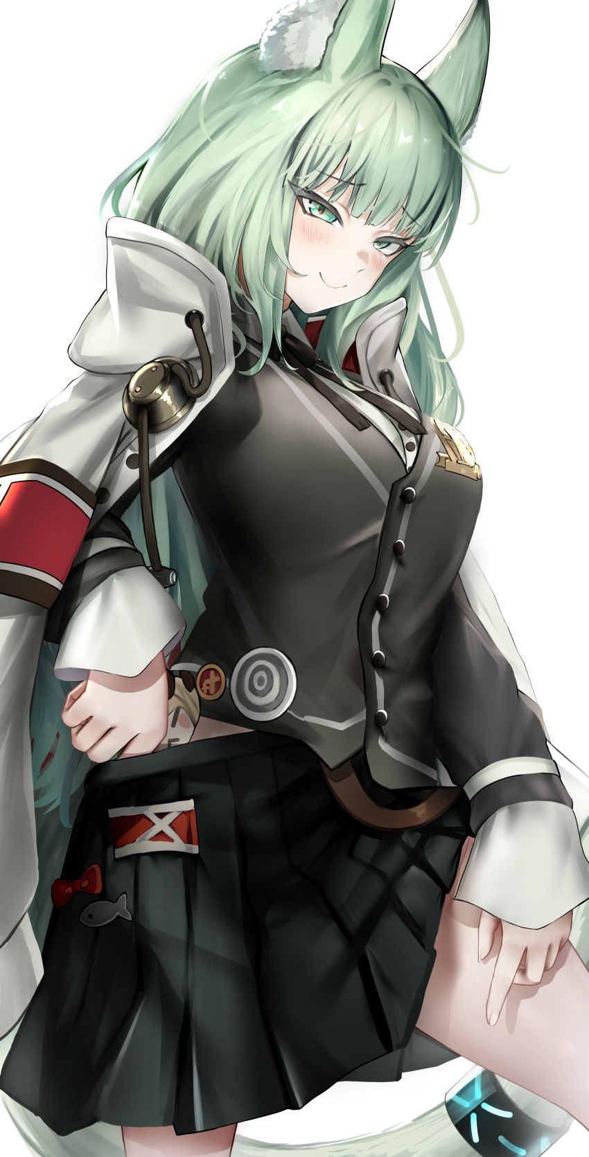1girl absurdres animal_ear_fluff animal_ears arknights bag_charm cape cardigan cat_ears cat_girl cat_tail charm_(object) green_eyes green_hair grey_cardigan harmonie_(arknights) highres infection_monitor_(arknights) miniskirt neck_ribbon nopetroto pleated_skirt ribbon skirt smile tail tail_ornament tail_ring white_background white_cape