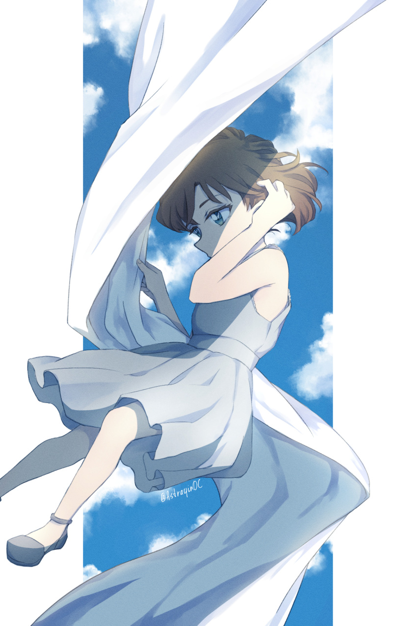 1girl adjusting_hair alternate_costume arm_up astrayin bangs bare_arms bare_shoulders blue_sky brown_hair clouds dress foot_out_of_frame from_side haibara_ai hand_up highres looking_down meitantei_conan shoes short_hair sky solo watermark white_dress