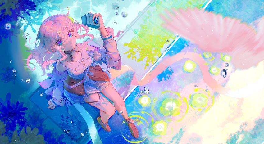 1girl abstract_background absurdres arm_up artist_name blue_dress blue_eyes blue_skirt boots breasts brown_footwear buttons camera choker closed_mouth collarbone commentary corset dress earrings facing_up floating_hair flower full_body gradient_eyes highres holding holding_camera honkai:_star_rail honkai_(series) honkai_impact_3rd jewelry knee_boots leaf light_smile long_sleeves looking_at_viewer march_7th_(honkai:_star_rail) medium_breasts medium_hair miniskirt multicolored_eyes rishixiyan shirt sitting sitting_on_object skirt symbol-only_commentary thigh_strap violet_eyes water_drop white_shirt