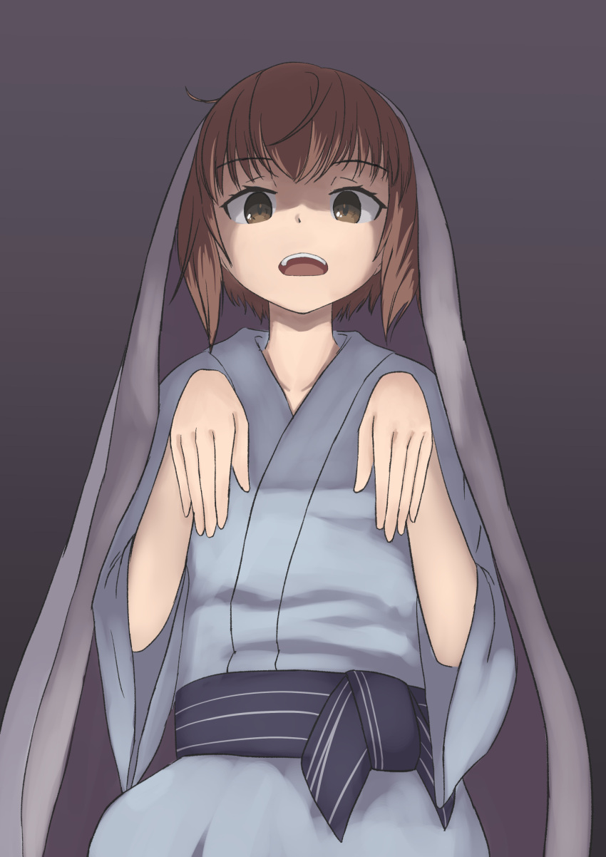 1girl bath_yukata brown_eyes brown_hair commentary_request from_below grey_background highres japanese_clothes kantai_collection kantai_collection_(anime) kimono looking_at_viewer outstretched_arms short_hair simple_background solo under_covers yukata yuki_4040 yukikaze_(kancolle) zombie_pose