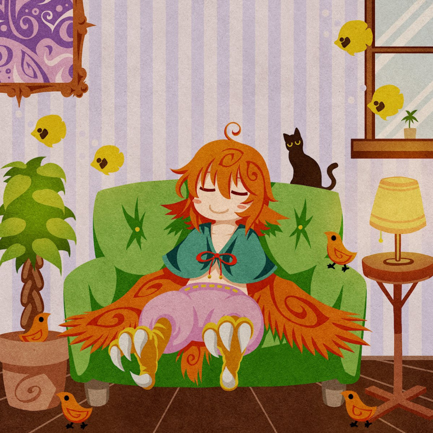 1girl ahoge akamiya_fumiya animal animal_ears bangs bird bird_ears bird_legs black_cat blush_stickers capelet cat closed_eyes commentary_request couch feathered_wings fish green_capelet hair_between_eyes harpy highres indoors lamp medium_hair messy_hair monster_girl on_couch orange_feathers orange_hair orange_wings original pants pink_pants plant potted_plant sleeping smile solo table talons textless_version window winged_arms wings