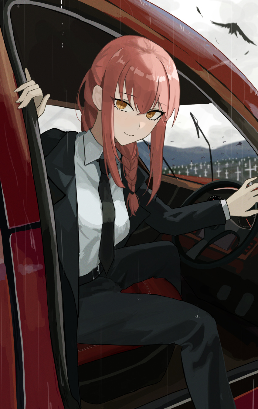 1girl absurdres bangs belt bird black_belt black_jacket black_necktie black_pants braid brown_hair business_suit car chainsaw_man closed_mouth collared_shirt commentary dress_shirt feet_out_of_frame formal graveyard ground_vehicle hair_between_eyes highres jacket long_hair long_sleeves looking_at_viewer lull_19 makima_(chainsaw_man) motor_vehicle mountain necktie open_clothes open_jacket pants ringed_eyes shirt shirt_tucked_in sidelocks single_braid sitting sky smile solo suit tombstone white_shirt yellow_eyes