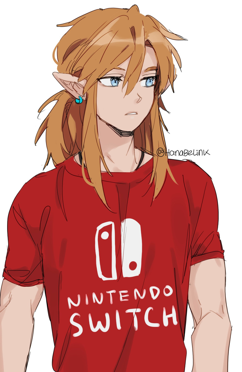 1boy alternate_costume artist_name bangs blonde_hair green_eyes hair_between_eyes hanabelink highres link medium_hair parted_lips pointy_ears ponytail red_shirt shiny shiny_hair shirt short_sleeves simple_background solo teeth the_legend_of_zelda the_legend_of_zelda:_breath_of_the_wild white_background