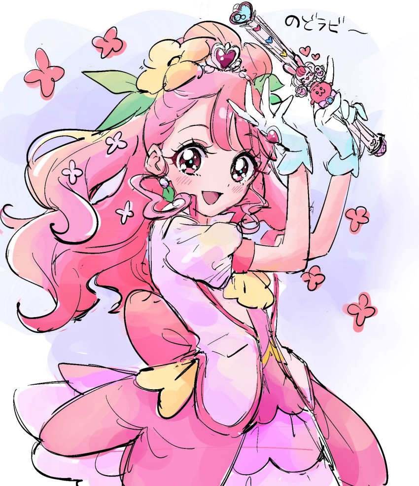 1girl back_bow bangs blush bow cure_grace earrings flower gloves hair_flower hair_ornament hanadera_nodoka healin'_good_precure healing_wand high_ponytail highres jewelry leaf_earrings long_hair looking_at_viewer magical_girl pink_bow pink_eyes pink_hair pre221b precure short_hair smile solo tiara white_gloves wide_ponytail