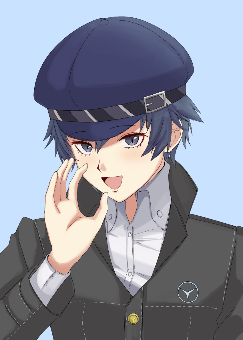 1girl :d absurdres bangs black_jacket blue_background blue_hair blue_headwear cabbie_hat commentary_request cover cover_page gakuran go-toubun_no_hanayome grey_eyes hair_between_eyes hand_up hat highres jacket long_sleeves looking_at_viewer open_mouth persona persona_4 reverse_trap school_uniform shirogane_naoto shirt short_hair sidelocks simple_background smile solo upper_body usa_(kawaii_152cm) white_shirt yasogami_school_uniform