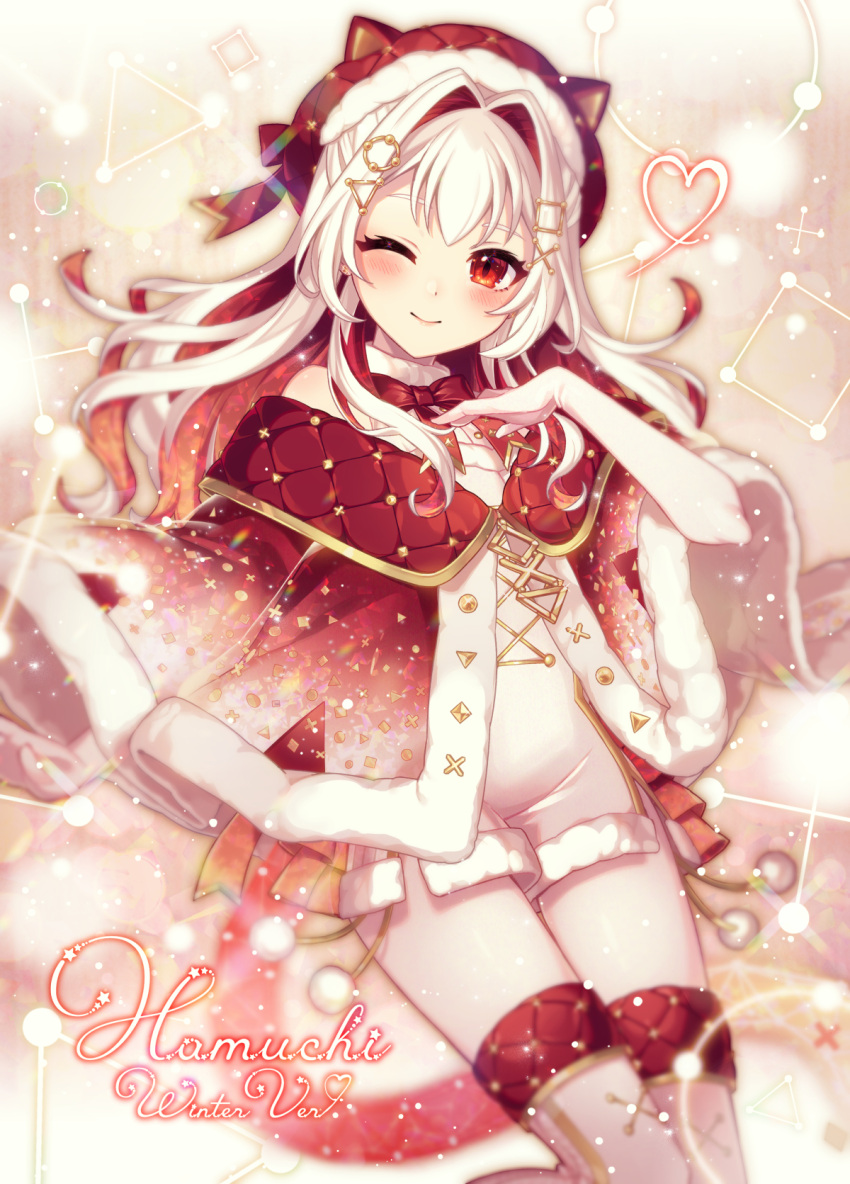 1girl ;) animal_ears animal_hat bangs beret boots bow capelet cat_ears christmas closed_mouth commentary_request elbow_gloves eyebrows_hidden_by_hair fake_animal_ears feet_out_of_frame gloves hair_intakes hair_ornament hairclip hamuchi hand_up hat heart highres indie_virtual_youtuber long_hair looking_at_viewer multicolored_hair nou_(nounknown) one_eye_closed pantyhose playstation_symbols red_bow red_capelet red_eyes red_headwear redhead smile solo thigh_boots two-tone_hair virtual_youtuber white_footwear white_gloves white_hair white_pantyhose