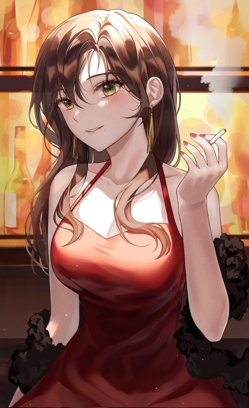 1girl bangs bar_(place) blush bottle breasts brown_hair cigarette dress fur_(clothing) hair_between_eyes halter_dress halterneck highres holding holding_cigarette large_breasts long_hair looking_at_viewer mole mole_under_mouth monjja original parted_lips red_dress red_nails sleeveless sleeveless_dress smile smoke solo upper_body yellow_eyes