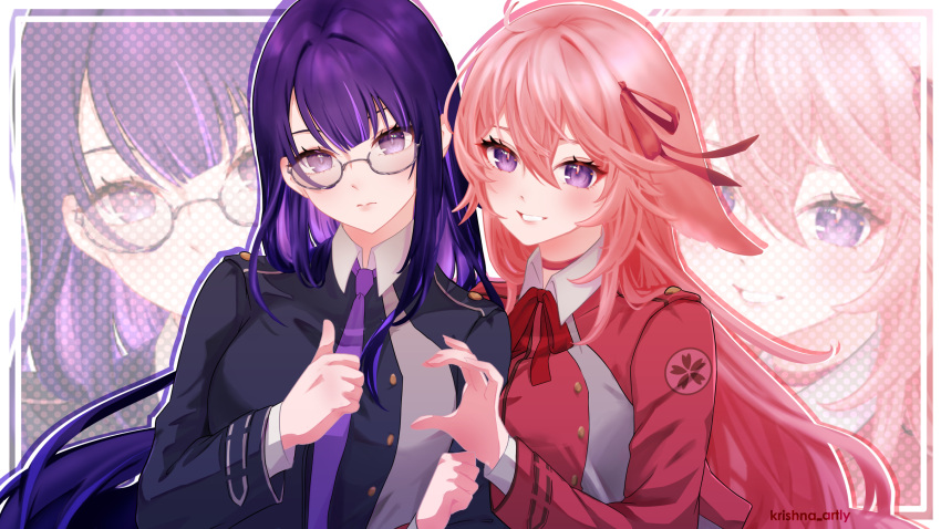 2girls animal_ears artist_name bangs bespectacled black_dress border breasts buttons choker closed_mouth collared_shirt commentary dress english_commentary floating_hair floppy_ears fox_ears genshin_impact glasses grey_dress grin hair_between_eyes hair_ribbon heart_hands_failure highres krishna_artly large_breasts long_hair long_sleeves looking_at_viewer lycoris_recoil lycoris_uniform medium_breasts multiple_girls neck_ribbon necktie parted_lips pink_hair polka_dot polka_dot_background purple_hair purple_necktie raiden_shogun red_choker red_dress red_ribbon ribbon serious shirt sidelocks simple_background smile teeth thumbs_up two-tone_dress upper_body violet_eyes white_background white_border white_shirt wing_collar yae_miko zoom_layer