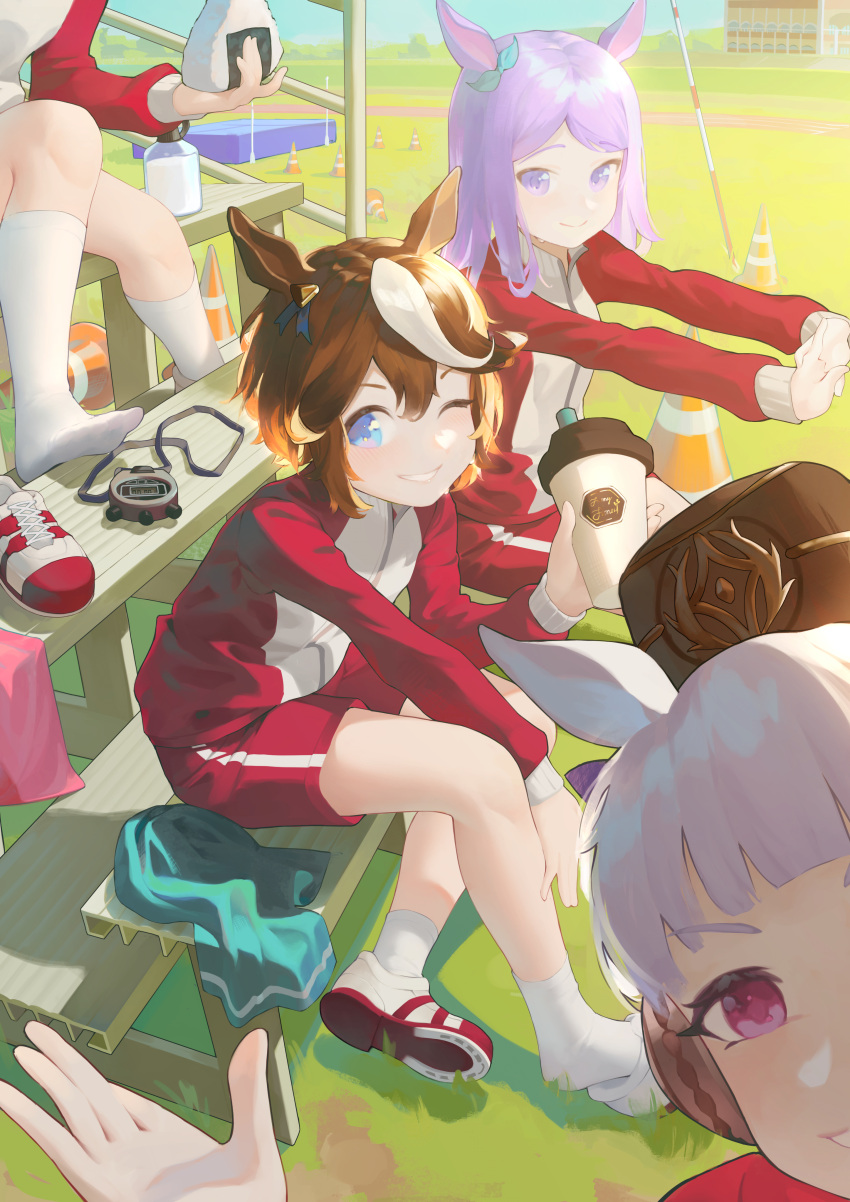 4girls :d absurdres animal_ears bangs blue_eyes blunt_bangs bottle bow brown_hair closed_mouth feet food full_body gold_ship_(umamusume) grass green_bow grin hair_bow highres hime_cut holding holding_bottle holding_food horse_ears horse_girl horse_tail horseshoe jacket legs long_hair long_sleeves looking_at_viewer mejiro_mcqueen_(umamusume) multicolored_hair multiple_girls one_eye_closed onigiri outdoors outstretched_arms pillbox_hat purple_bow purple_hair red_jacket red_shorts selfie shoe_soles shoes shorts single_shoe sitting smile socks soles special_week_(umamusume) stopwatch tail teeth tokai_teio_(umamusume) towel tracen_training_uniform track_jacket traffic_cone two-tone_hair umamusume violet_eyes wannatchears water_bottle white_hair white_socks