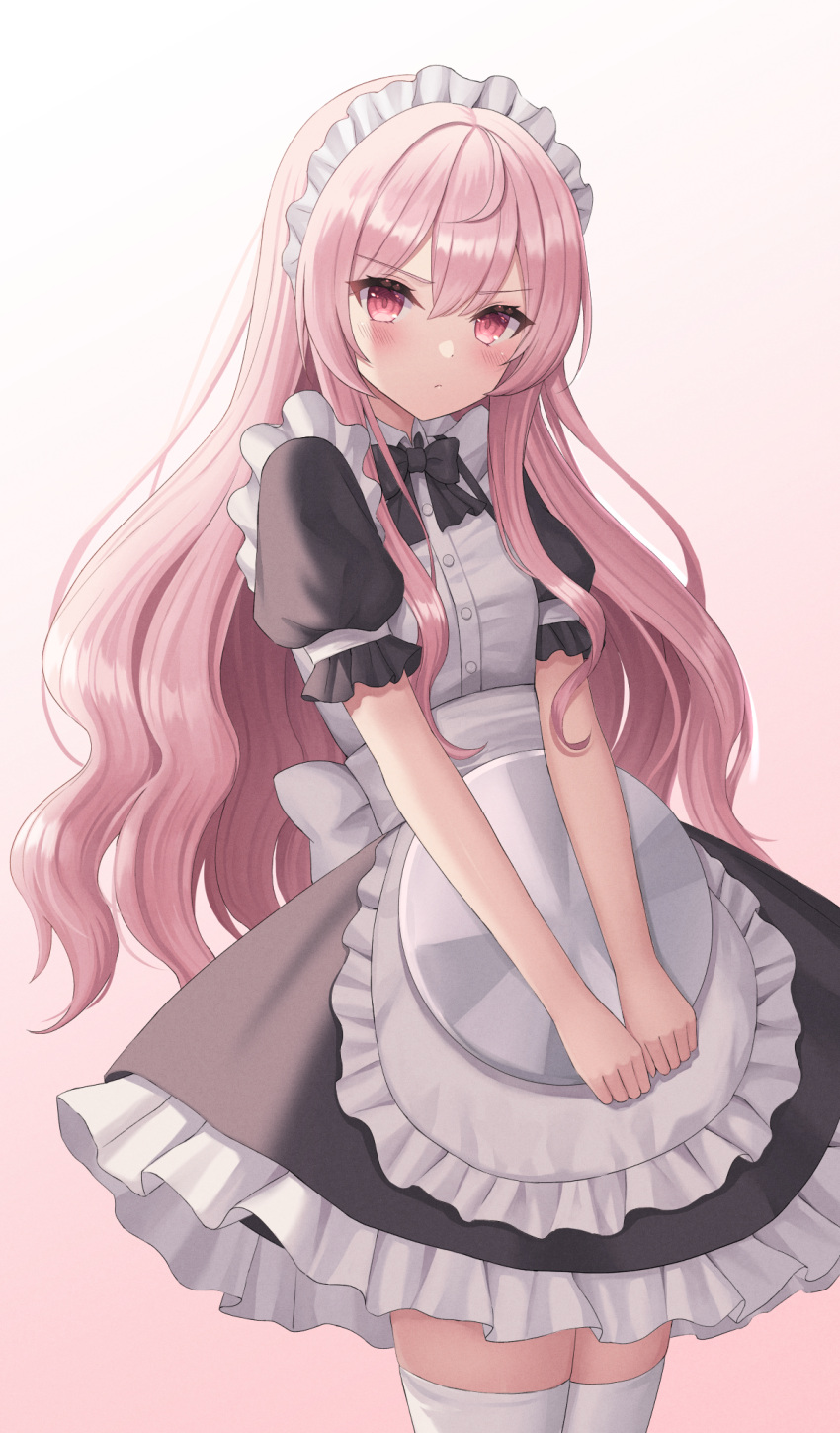 1girl alternate_costume black_bow black_bowtie blush bow bowtie closed_mouth duplicate enmaided gradient gradient_background hair_between_eyes highres holding long_hair looking_at_viewer louise_francoise_le_blanc_de_la_valliere maid maid_headdress pink_background pink_eyes pink_hair pixel-perfect_duplicate puffy_sleeves seungju_lee solo standing thighs zero_no_tsukaima zettai_ryouiki
