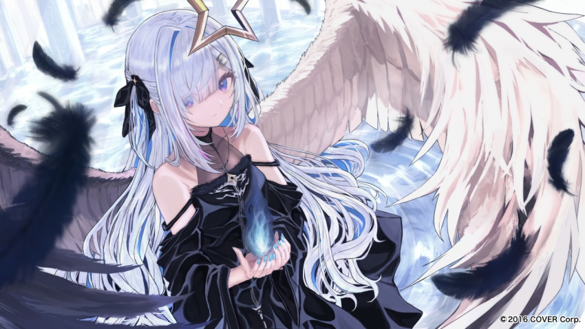 1girl amane_kanata angel angel_wings black_dress black_feathers black_wings blue_hair blue_nails colored_inner_hair company_name copyright_name dress feathers grey_hair hair_intakes hair_ornament hair_ribbon hairclip hinomaru_(futagun) hololive jewelry long_hair looking_at_viewer multicolored_hair multicolored_wings nail_polish necklace official_art ribbon solo two_side_up violet_eyes virtual_youtuber white_wings wings