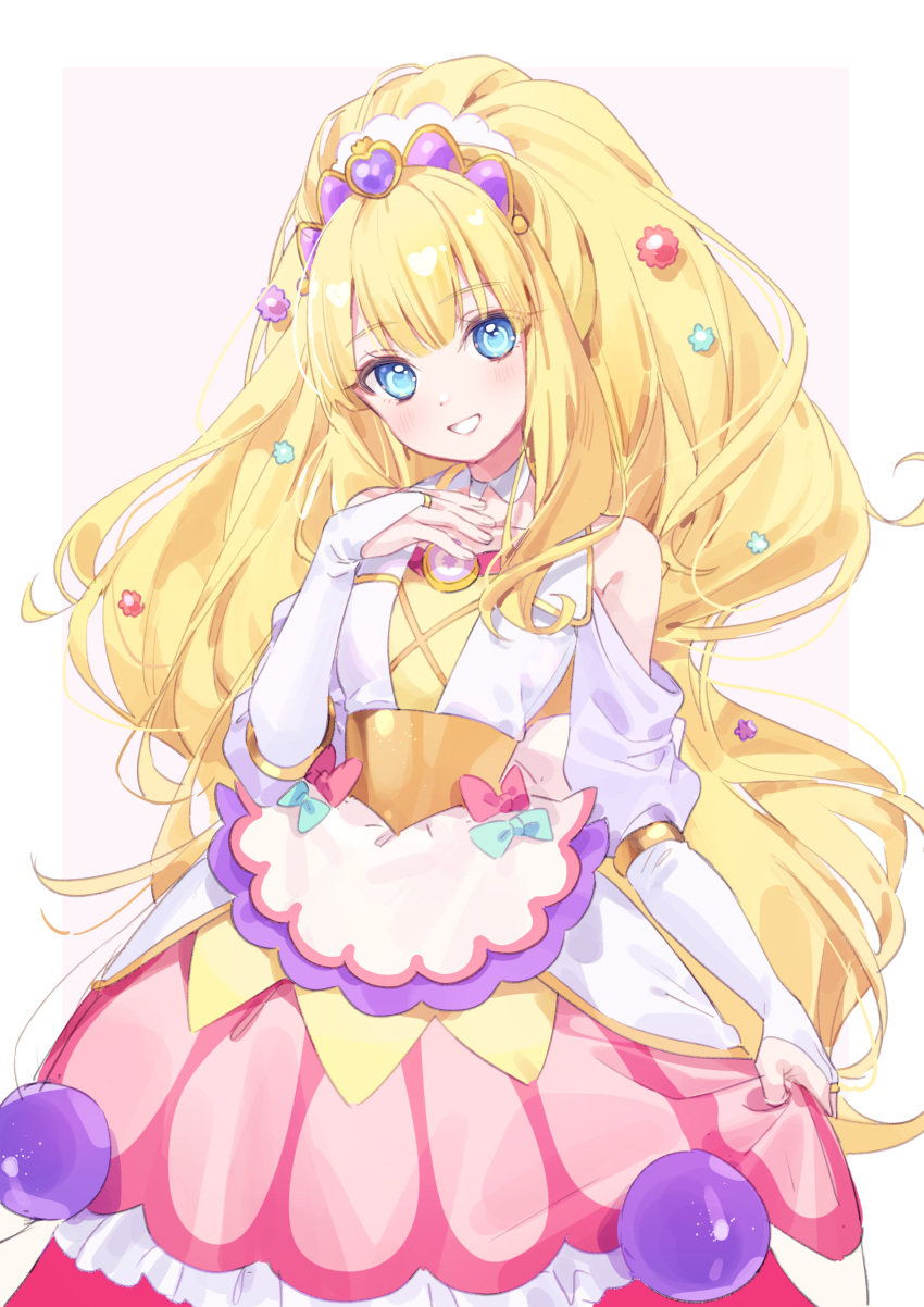 1girl a20_(atsumaru) absurdres apron bangs blonde_hair blue_eyes blush bridal_gauntlets brooch commentary cure_finale delicious_party_precure hair_ornament heart_brooch high_ponytail highres jewelry kasai_amane long_hair magical_girl precure sidelocks smile solo star_(symbol) star_hair_ornament tiara white_background wide_ponytail