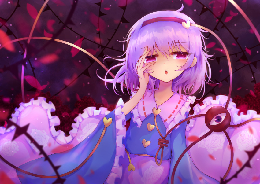 1girl absurdres buttons flower hair_ornament hand_on_own_face heart heart_button heart_hair_ornament highres komeiji_satori looking_at_viewer open_mouth plant purple_hair red_eyes rose short_hair solo_focus third_eye thorns tomoe_(fdhs5855) touhou vines violet_eyes