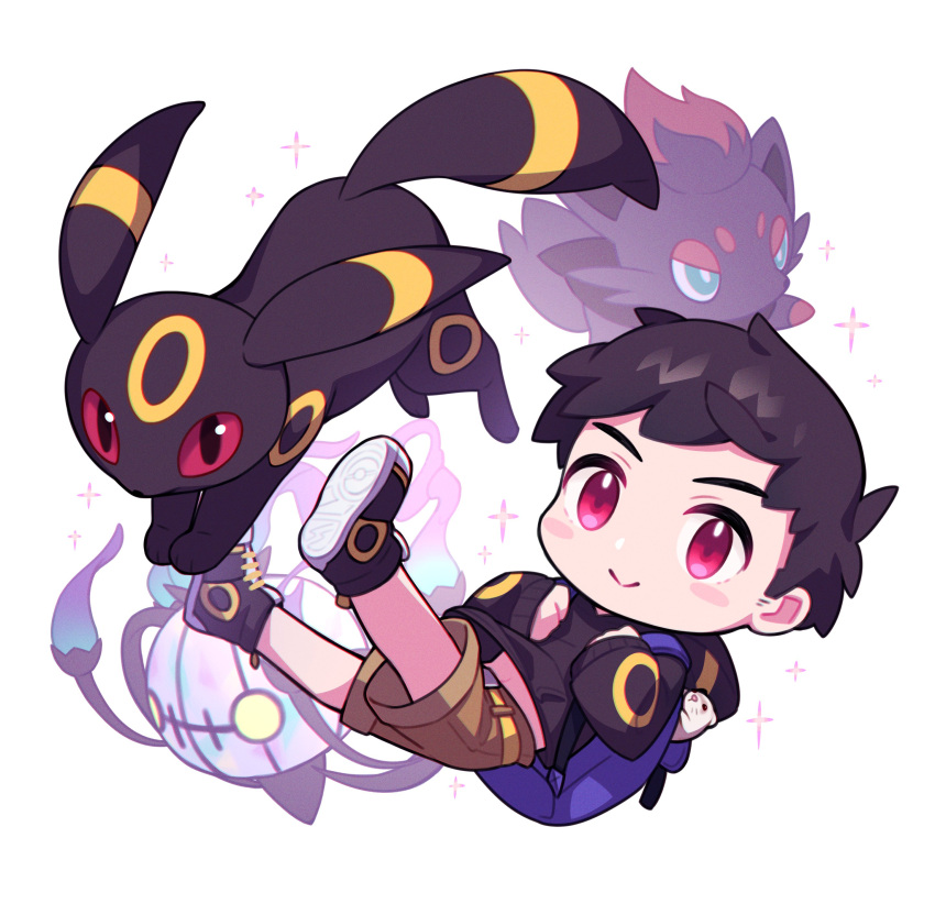 1boy absurdres backpack bag black_hair black_shirt brown_shorts chandelure character_request chibi closed_mouth floating full_body hamster highres long_sleeves looking_at_viewer pokemon pokemon_(creature) red_eyes shirt shoes short_hair shorts smile tewo_(tewowet) umbreon white_background zorua