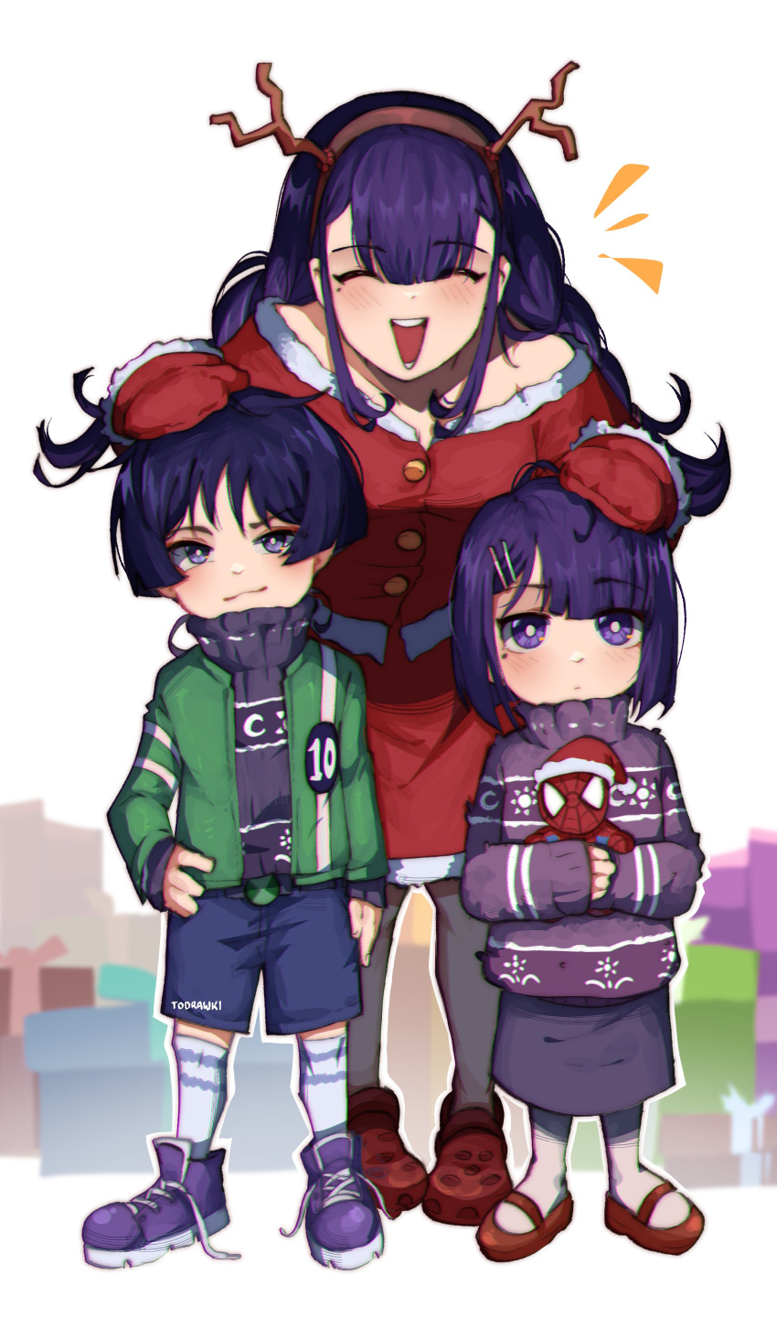 1boy 2girls absurdres antlers braid braided_ponytail brother_and_sister buttons closed_eyes crocs doll dress fake_antlers genshin_impact gloves hair_ornament hairclip hand_on_another's_head highres holding holding_doll long_hair long_sleeves looking_at_viewer mole mole_under_eye mother_and_daughter mother_and_son multiple_girls purple_hair purple_sweater raiden_shogun red_dress reindeer_antlers santa_costume santa_gloves scaramouche_(genshin_impact) siblings smile smug spider-man sweater turtleneck turtleneck_sweater violet_eyes wokiiarts