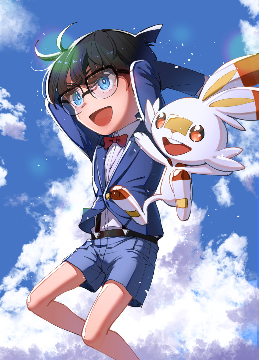 1boy :d absurdres bangs belt black-framed_eyewear black_belt black_hair blue_eyes blue_jacket bow bowtie child clouds collared_shirt edogawa_conan feet_out_of_frame glasses highres jacket long_sleeves meitantei_conan nana_babylon outdoors pokemon pokemon_(creature) red_bow red_bowtie scorbunny shiny shiny_hair shirt short_hair shorts smile white_shirt