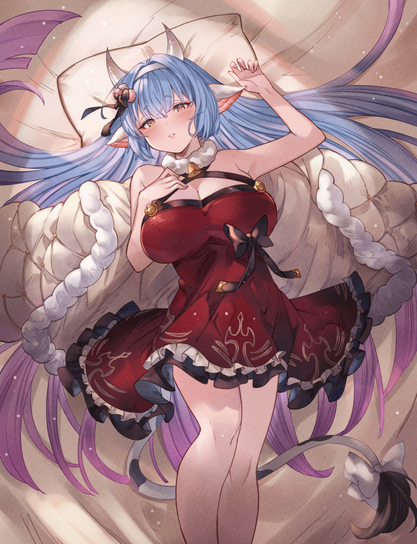1girl animal_ears animal_print ayacho bed bed_sheet bedroom blush breasts catura_(granblue_fantasy) cow_ears cow_girl cow_horns cow_print cow_tail draph dress fur-trimmed_dress fur_trim granblue_fantasy highres horns indoors looking_at_viewer lying on_back on_bed pillow red_dress santa_costume santa_dress tail
