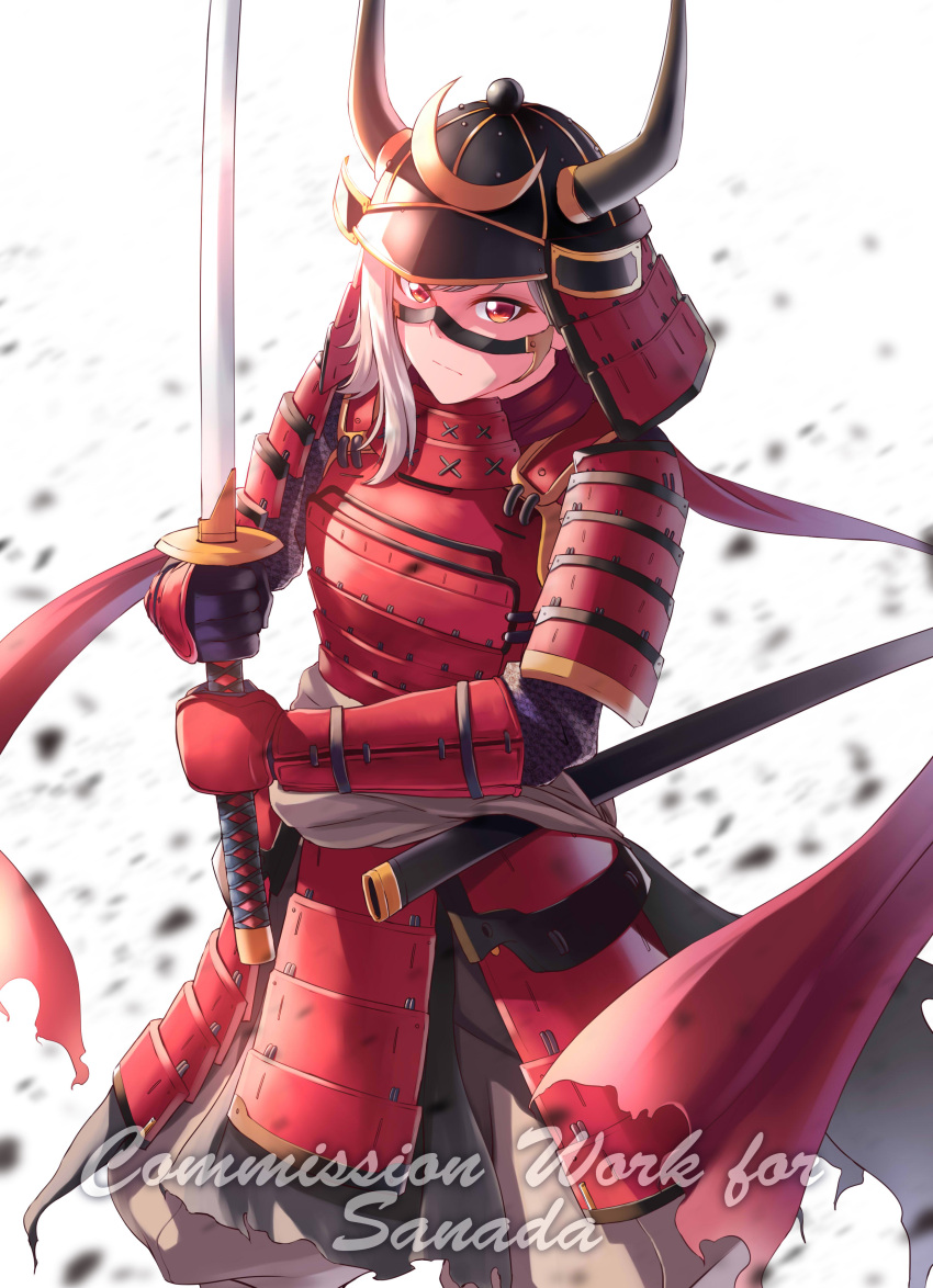 1girl absurdres armor commentary_request commission english_text full_armor helmet highres holding holding_sword holding_weapon japanese_armor kabuto_(helmet) kanogawa_hiro katana kote kusazuri looking_at_viewer original red_eyes samurai scarf sheath shoulder_armor sode solo sword unsheathed weapon white_hair