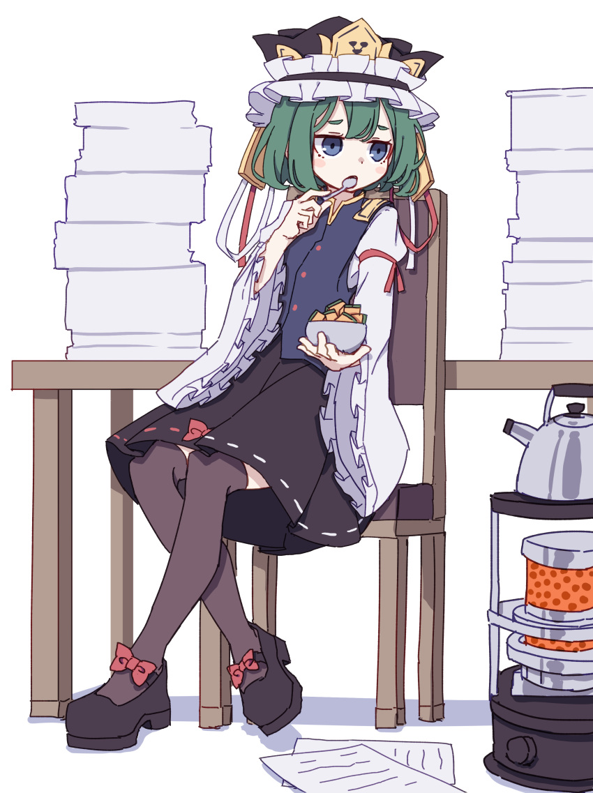 1girl absurdres black_footwear black_headwear black_skirt black_thighhighs blue_eyes blue_vest blush_stickers bow chair eating epaulettes footwear_bow frilled_hat frills full_body green_hair hat high_heels highres holding holding_spoon kame_(kamepan44231) long_sleeves paper red_bow ribbon-trimmed_skirt ribbon_trim shiki_eiki shirt shoes short_hair simple_background sitting skirt solo spoon teapot thigh-highs touhou utensil_in_mouth vest white_background white_shirt wide_sleeves