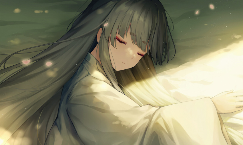 1girl akinomiya_asuka bangs blunt_bangs closed_eyes closed_mouth commentary_request green_hair light_particles long_hair long_sleeves lying mystical_power_plant on_side original shirt sleeping solo suitokuin_tenmu touhou white_shirt wide_sleeves