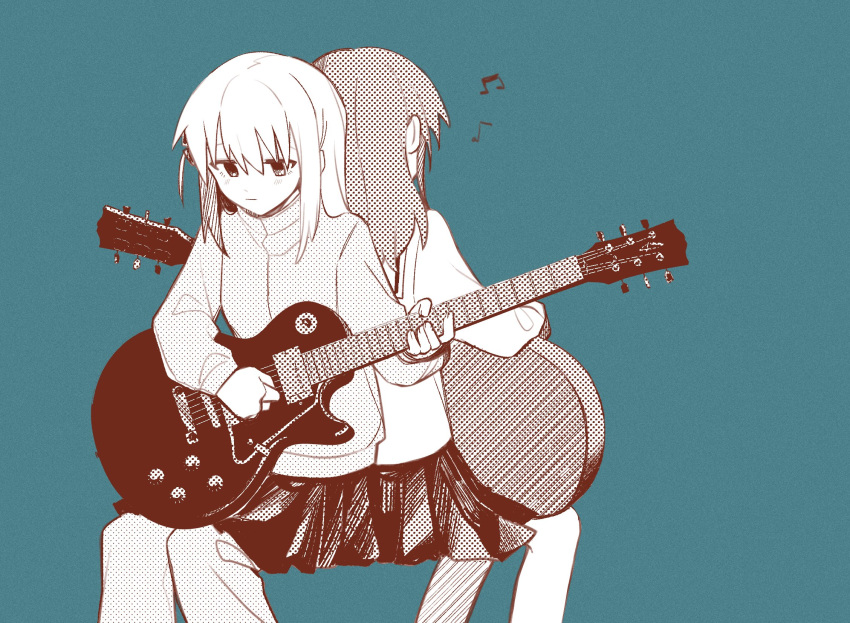2girls back-to-back bangs blazer blue_background bocchi_the_rock! closed_mouth commentary cube_hair_ornament electric_guitar feet_out_of_frame fender gibson_les_paul gotou_hitori guitar hair_between_eyes hair_ornament hair_over_eyes highres holding holding_instrument instrument jacket kita_ikuyo long_hair long_sleeves multiple_girls music one_side_up pants pants_under_skirt pinkroll1280 playing_instrument pleated_skirt sailor_collar school_uniform simple_background sitting skirt symbol-only_commentary track_jacket track_suit white_sailor_collar