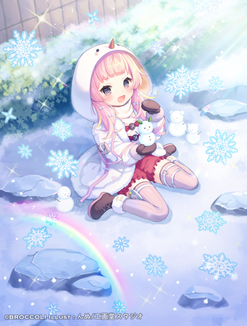 1girl :d black_footwear blonde_hair brown_mittens character_request day frilled_shorts frills fur-trimmed_jacket fur-trimmed_sleeves fur_trim grey_thighhighs hair_over_shoulder highres hood hood_up hooded_jacket jacket komachi_pochi long_hair long_sleeves low_twintails mittens multicolored_hair official_art on_ground outdoors pink_hair puffy_long_sleeves puffy_shorts puffy_sleeves rainbow red_shorts ribbed_legwear shoes short_shorts shorts sitting smile snowflakes snowman solo streaked_hair thigh-highs twintails vividz wariza watermark white_jacket