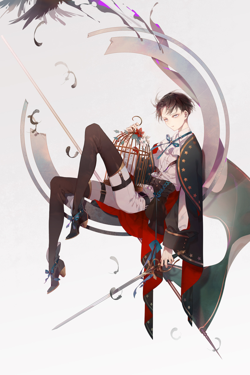 1boy ascot bangs belt birdcage black_hair black_thighhighs blue_eyes blue_ribbon cage collared_shirt eyokiki feathers flag flower highres holding holding_sword holding_weapon levi_(shingeki_no_kyojin) long_sleeves looking_at_viewer male_focus parted_bangs ribbon shingeki_no_kyojin shirt short_hair sitting solo sword thigh-highs weapon white_ascot white_shirt
