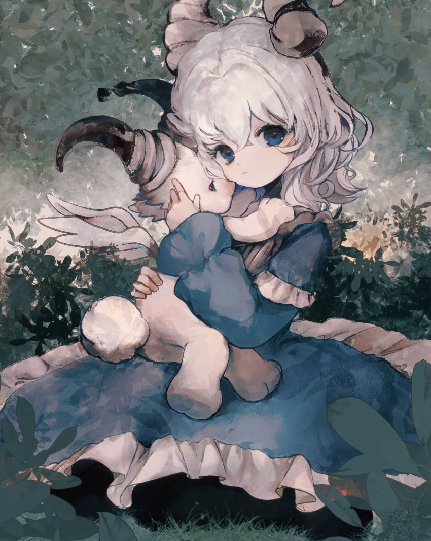 1girl 1other blue_dress blue_eyes bush commentary_request creature dress expressionless frilled_dress frills grass hair_between_eyes highres horns hug looking_at_viewer medium_hair mercure_1104 original outdoors plant sitting tail wavy_hair white_hair wings