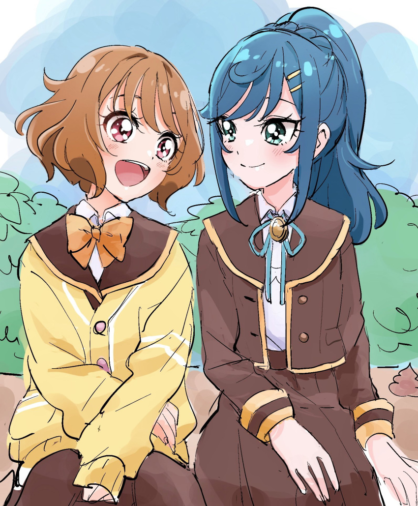 2girls aqua_eyes bangs blue_hair blush bow bowtie brown_hair brown_skirt cardigan commentary_request delicious_party_precure fuwa_kokone green_eyes hair_ornament hairclip hanamichi_ran high_ponytail highres long_hair multiple_girls open_mouth outdoors ponytail pre221b precure red_eyes school_uniform serafuku shirt short_hair sitting skirt smile